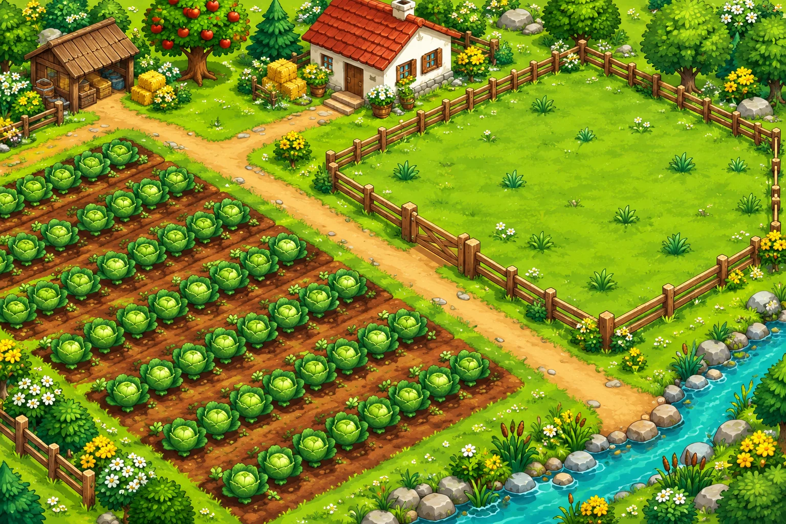 Fazenda ilustrada com casa, horta e pasto cercado